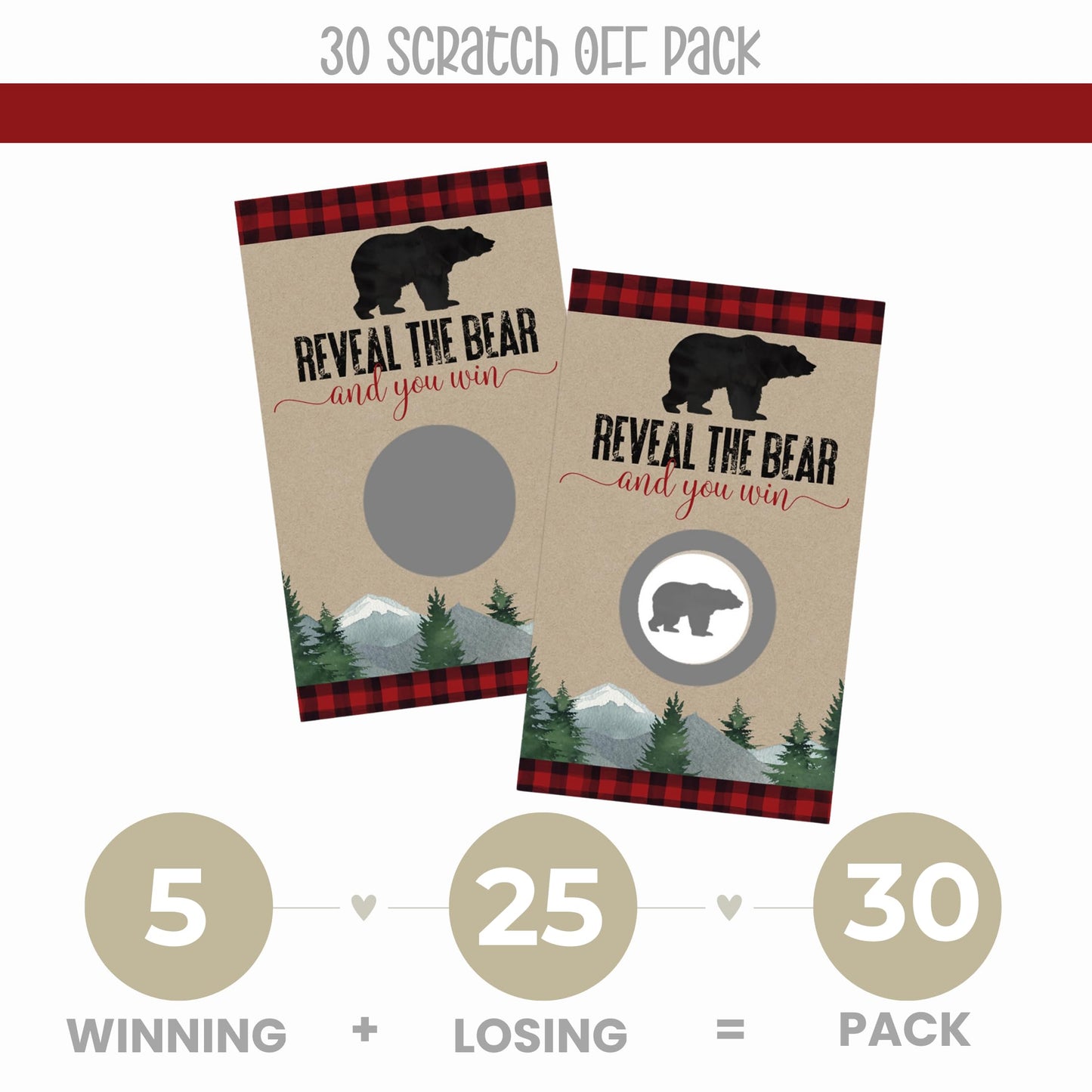 Paper Clever Party Baby Shower Games For Boy - 30 Cards - Fun Scratch Off Game For Guest Activities To Reveal Prizes, Lumberjack Favors Ideas, Mama Bear Theme Red And Black