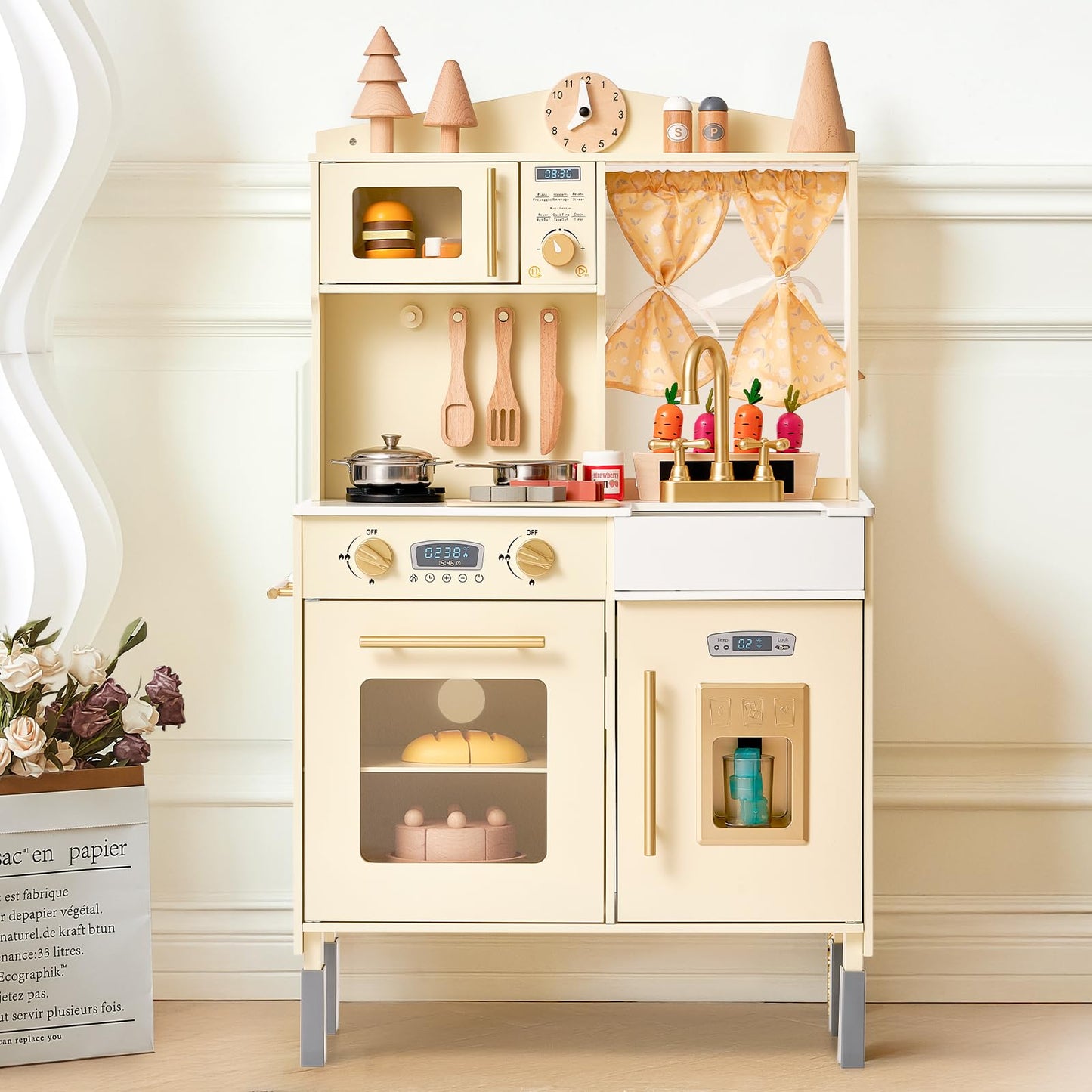 Giant Bean Wooden Play Kitchen, Toddler Kitchen Playset, With Microwave Play Sink Ice Maker Oven Cookware Accessories Playset, P