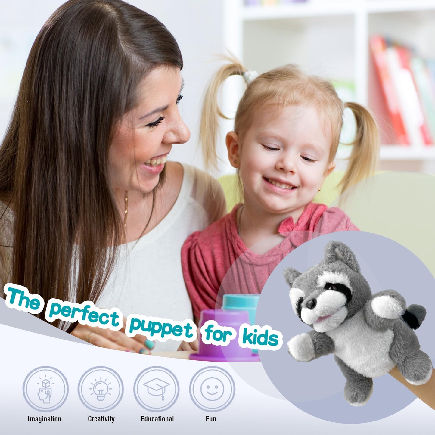 Okegztoa Hand Puppets Raccoon Puppets,9'' Realistic Stuffed Animal Puppets For Toddlers Raccoon Stuffed Puppets For Kids With Mo