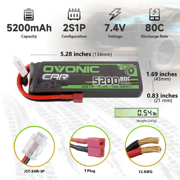 OVONIC 7.4V 2S Lipo Battery 5200mAh 80C Hard Case Battery Deans T Plug with Housing for 1/8 1/10 RC Vehicles Car Slash RC Buggy