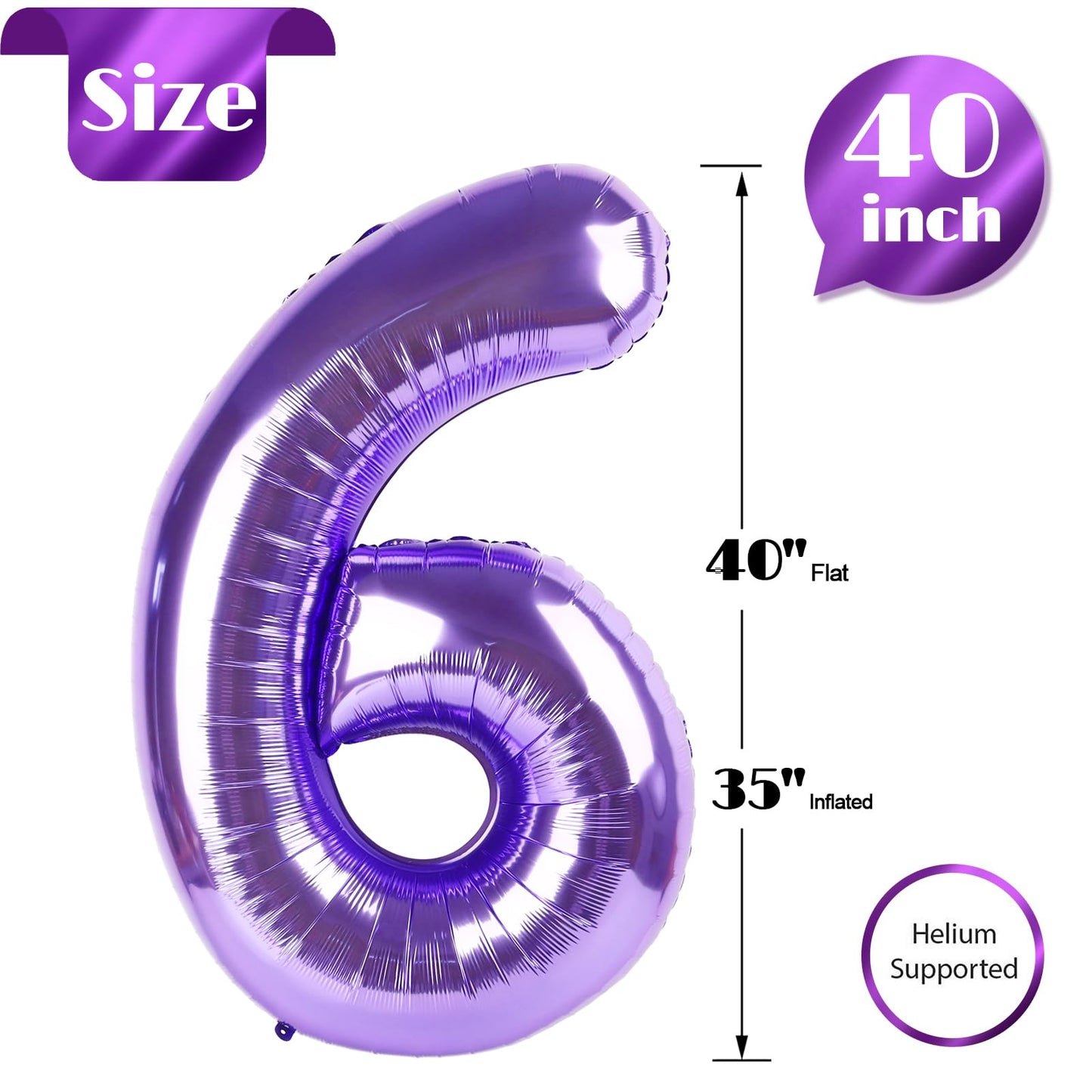 Purple Number 6 Balloon 40 Inch, 6 Balloon Number, 6Th Birthday Decorations, Purple Party Supplies For Boys Girls