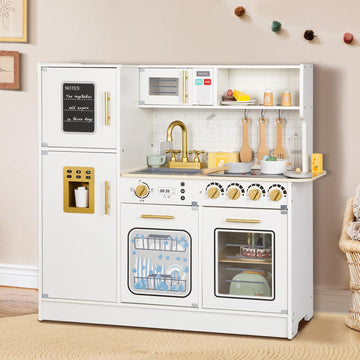 OOOK Wooden Kids Kitchen Playset, Simulated Kids Play Kitchen with Lights and Sounds, Nice Role Play Toy Kitchen with Plenty of