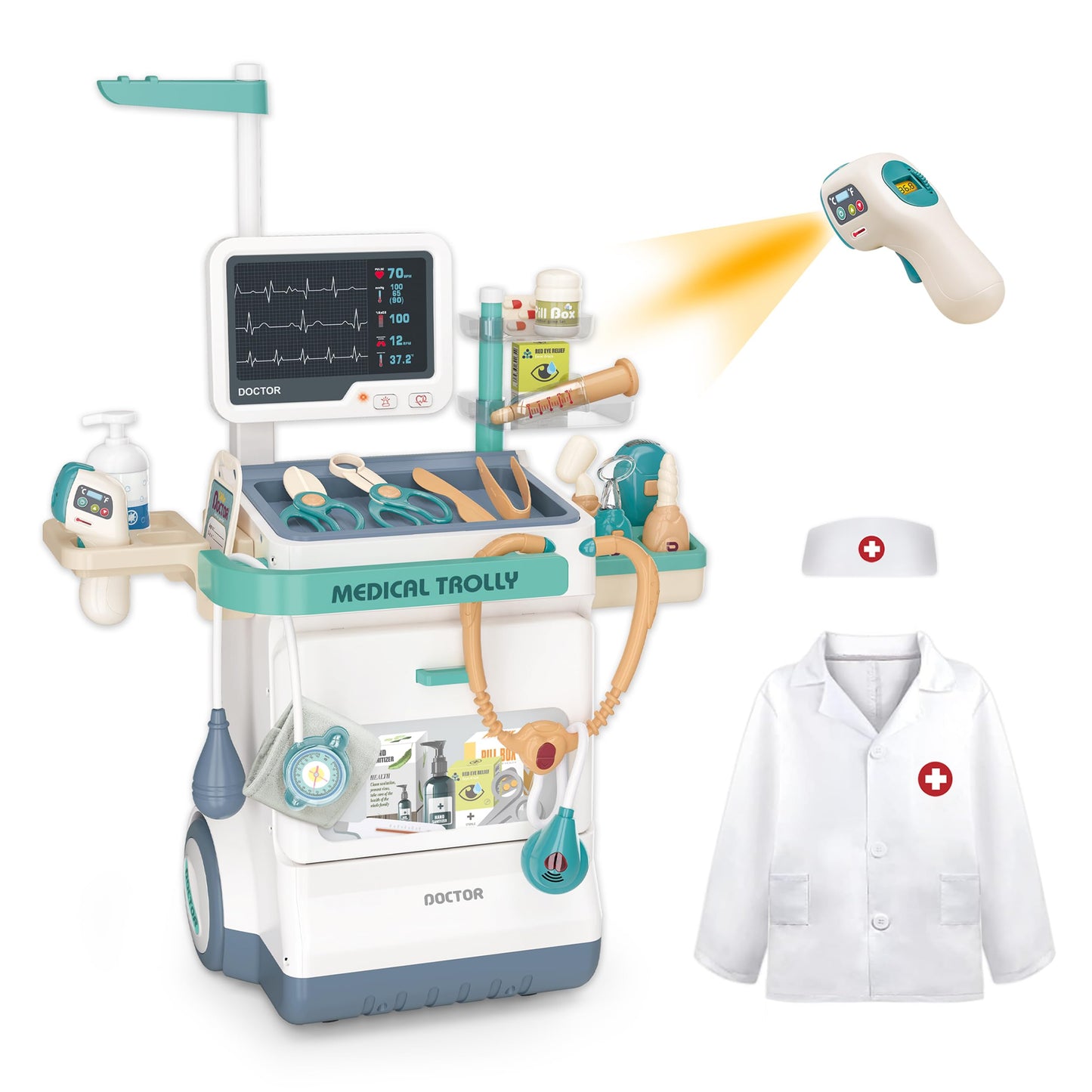 Deluxe Doctor Kit for Toddlers, Pretend Medical Station Set for Boys & Girls, 28 Accessories,Mobile Cart with Lights, Includes D