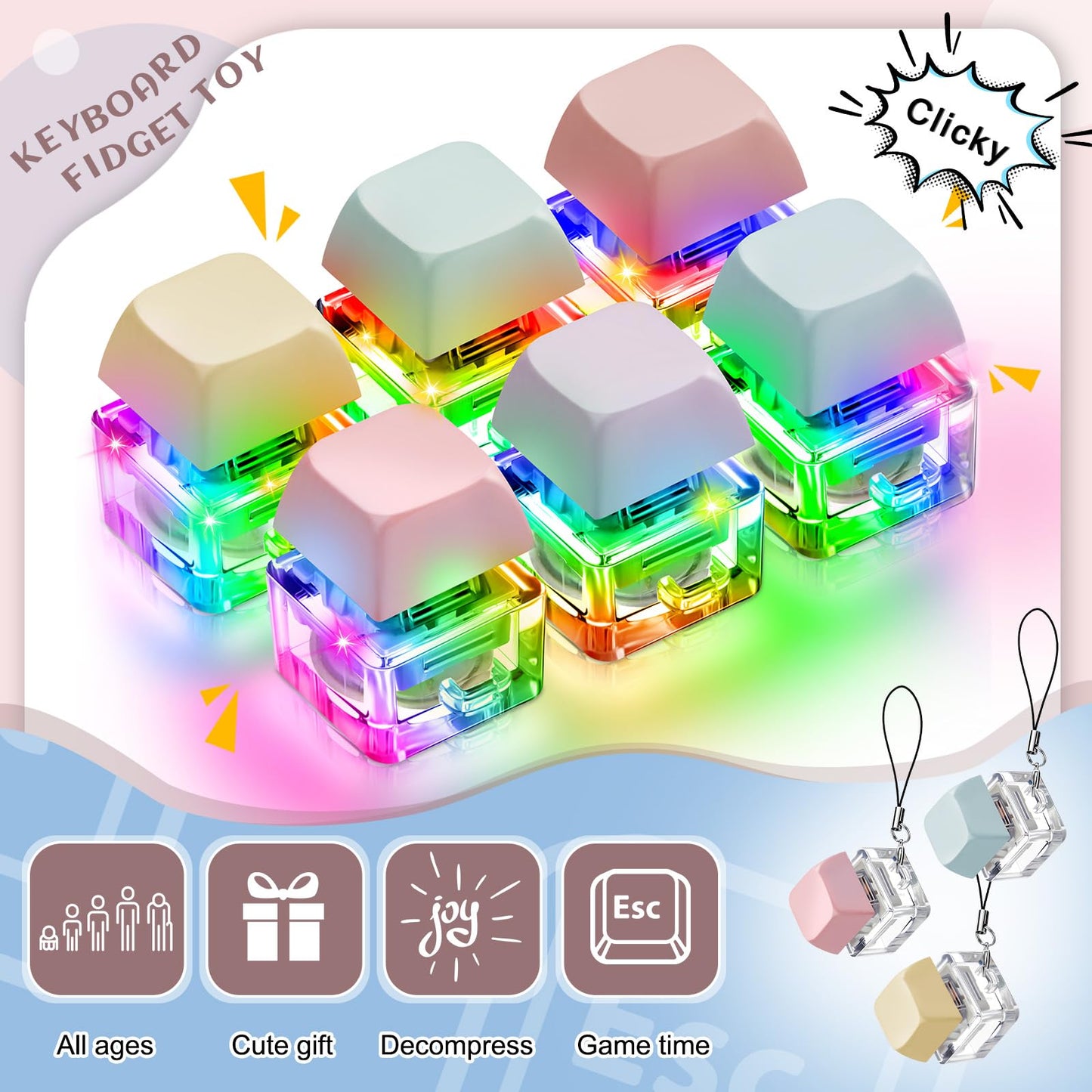 Taiyin 6 Pcs Decompression Toys Keyboard Clicker Toy Keyboard Cube Mechanical Key Button Stress Relief For Adult Gifts To Relief Pass Time (Single)