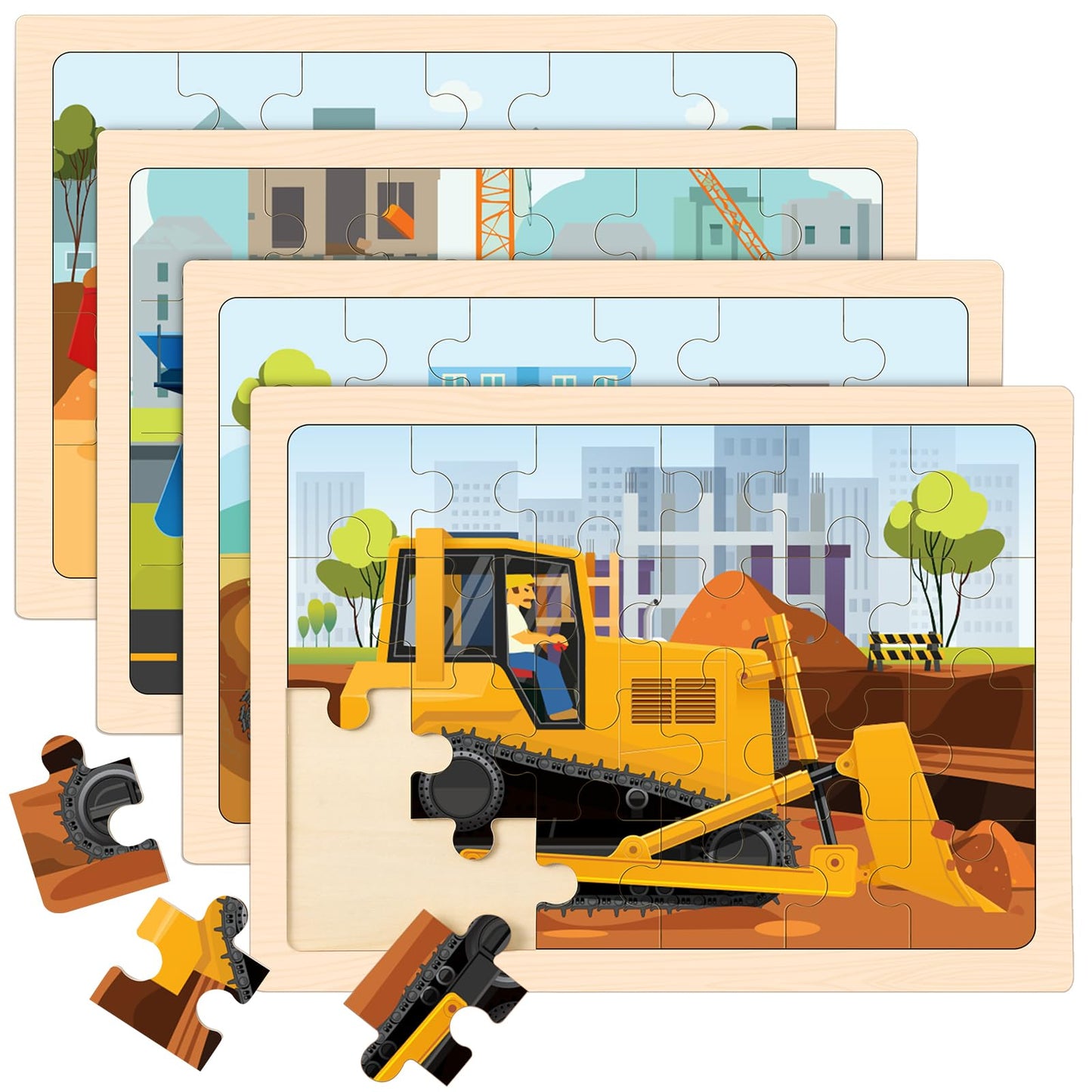 Wooden Puzzles For Kids Ages 4-6, 4 Packs 24 Pcs Construction Vehicle Jigsaw Puzzles For Kids Ages 3-5, Preschool Educational Pu