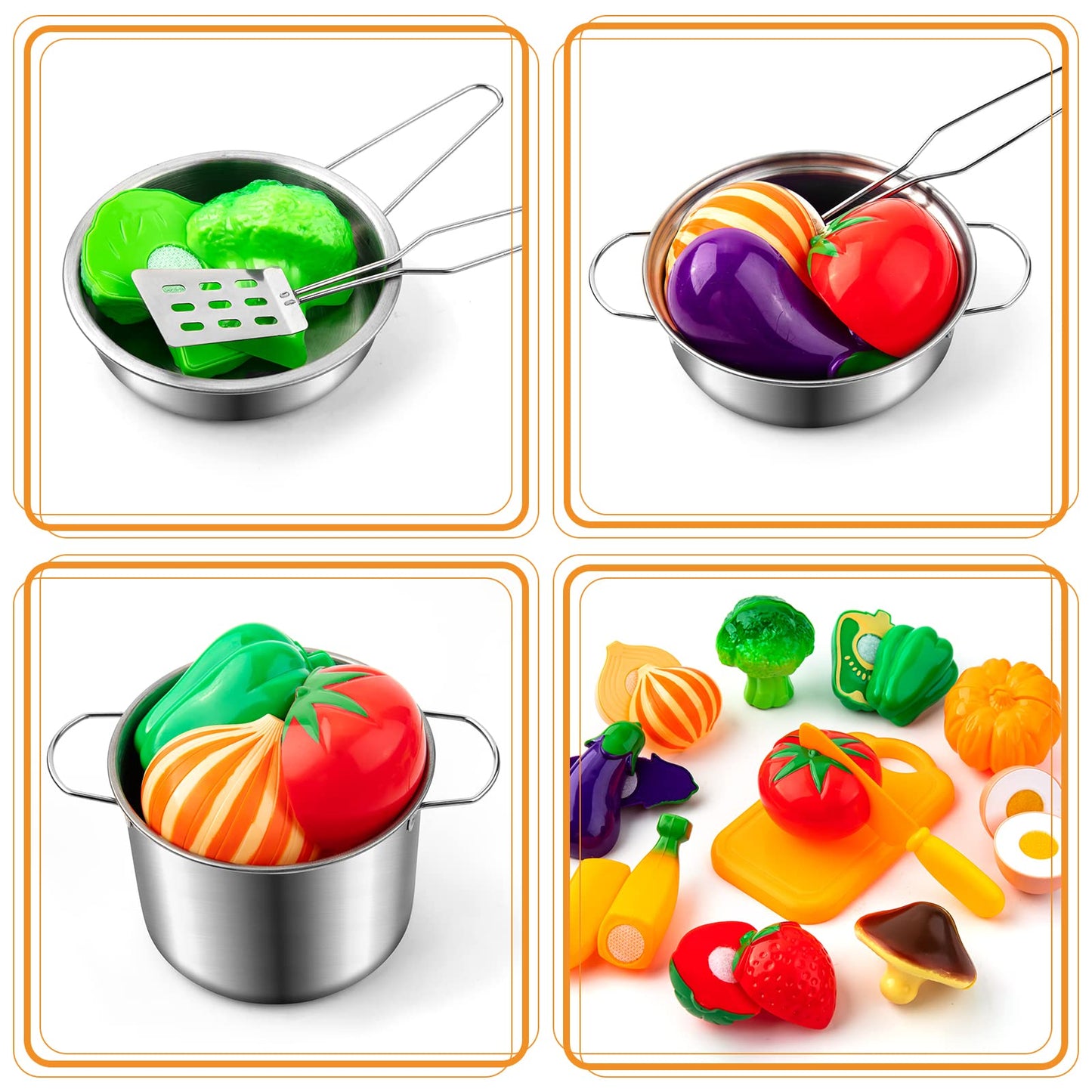 Tigerhu 26PCS Play Kitchen Accessories, Kitchen Pretend Play Cooking Toys w/ Stainless Steel Cookware, Apron & Chef Hat,Pots and