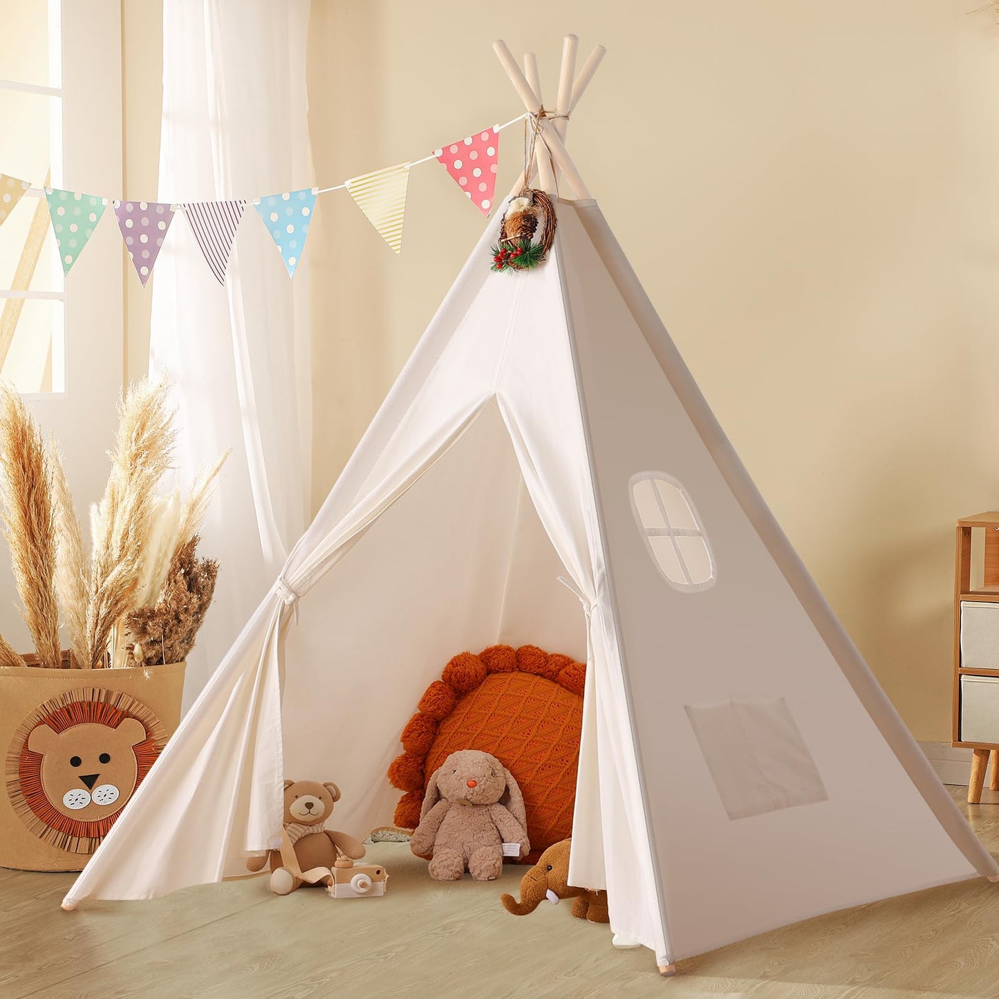 Sumbababy Teepee Tent for Kids - Natural Canvas Indoor Play Tent with Lights, 47.2x47.2x68.1, Washable, Foldable Gift for Girls & Boys