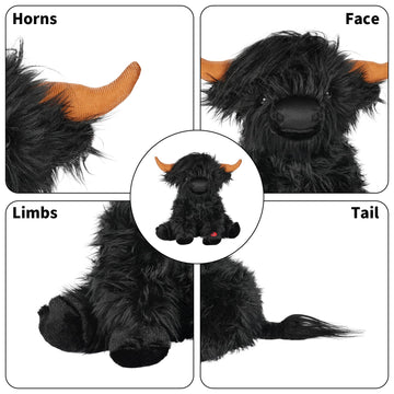 Tonpect Highland Cow Stuffed Animal with Mooing Sound, 9 inch Black Colored, Farm Cow Toy for Boys Girls Gift Decoration