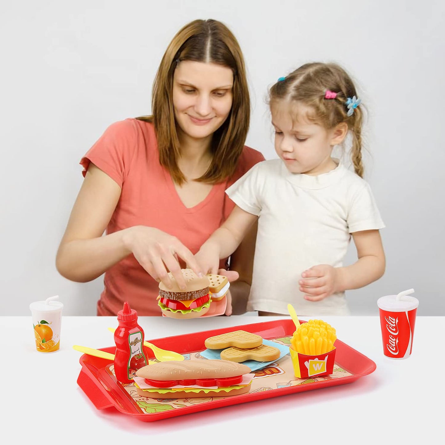 Sotodik Pretend Play Food Set for Children,Removable Fast Food Playset with Tray Hamburger Hotdog Fries Combo,Play Kitchen Acces