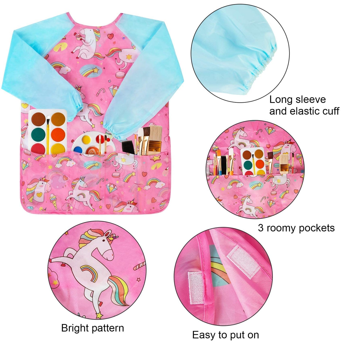 Bassion 2 Pack Smocks For Kids, Toddler Art Smock Artist Painting Aprons Waterproof Long Sleeve With 3 Pockets For Age 2-6 Years