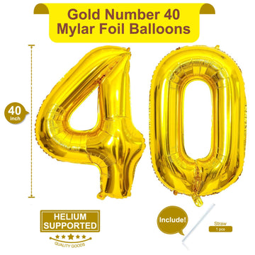 LHOAVWE 40 Inch Gold Foil Number Balloons - Jumbo 40th Birthday Decorations, Mylar, Helium, Gold, 40th Anniversary Party Supplies