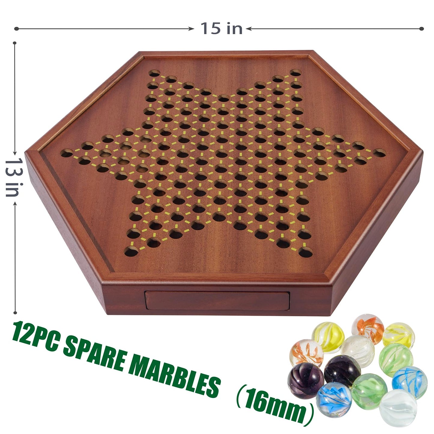 Vamslove Chinese Checkers 15' Large Upgraded Version Wooden Game Board, 16Mm 60+12 Colorful Glass Marbles, Easy Grasping For Adults And Kids, W/Storage Drawer, Fun For Family Gathering