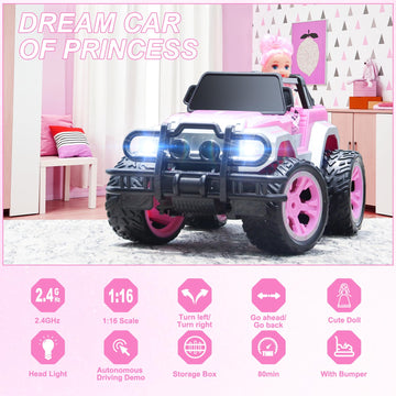Carox Remote Control Car for Girls, Pink RC Car with Doll and Sticker for Ages 6-10 Years Old Girls, 80 mins with Rechargeable B