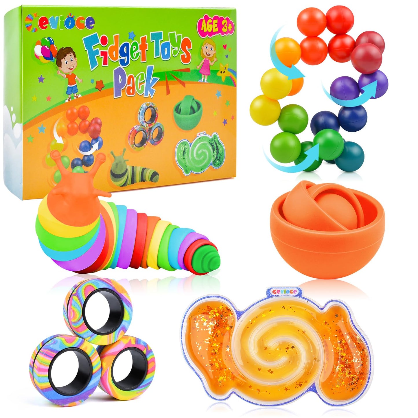 Cevioce 5Pcs Fidget Toys Adults Pack,Stocking Stuffers For Teens Boys Girls,Autism Sensory Toys With Fidget Spinner Slug Magnetic Rings,Squishy Fidget Toys Adhd Stress Relief,Party Favor For Kid-G