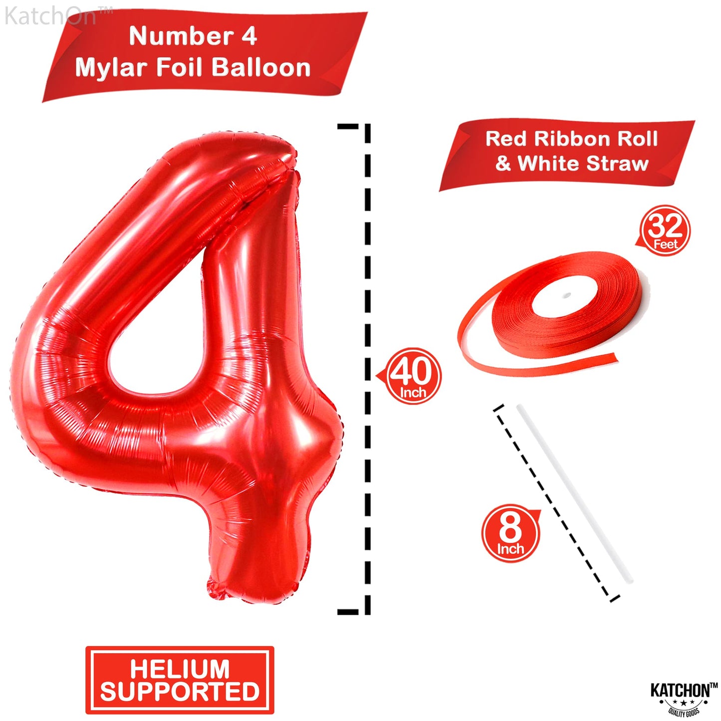 Katchon, Giant Red Number 4 Balloon - 40 Inch | 4Th Birthday Balloon, 4 Year Old Boy Birthday Decorations Boy | 4 Year Old Balloon, 4Th Birthday Decorations For Boys | 4 Year Old Birthday Balloons