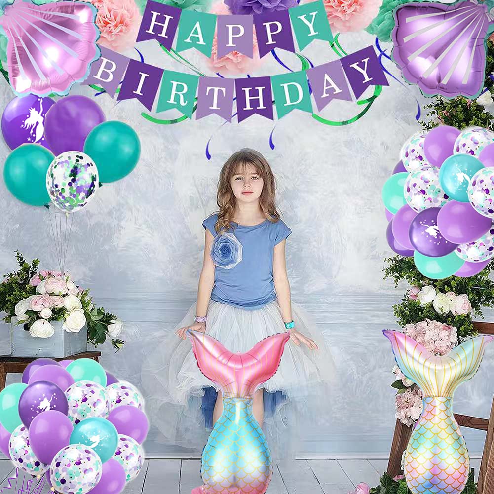 Morofme 22Pcs Mermaid Theme Balloons Mermaid Tail Balloon Sea Shells Confetti Latex Balloons Purple Teal Balloon Helium Foil Ocean Decorations For Girls Ocean Under The Sea Theme Party