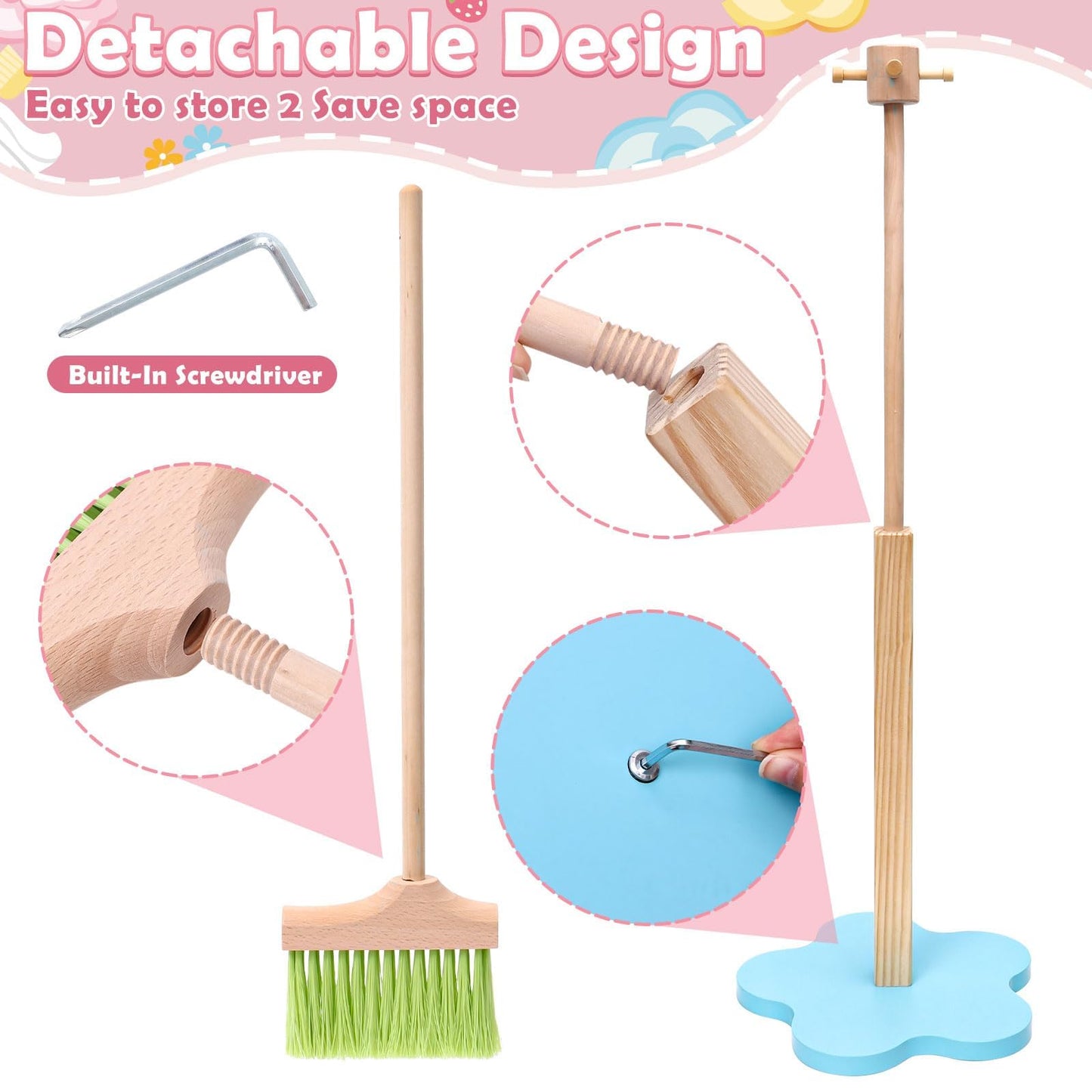 Lonico Wooden Kids Cleaning Toy Set For Toddlers Mop Broom And Dustpan Set, 12 Pcs Detachable Housekeeping Playset With Bucket D