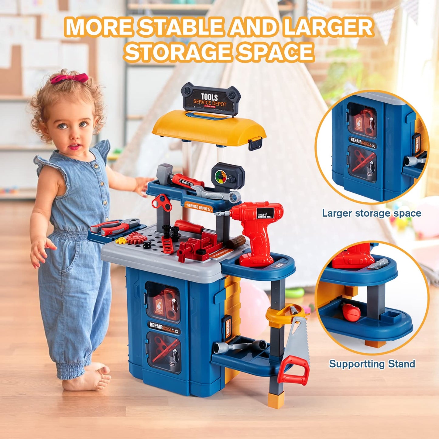 3 in 1 Kids Tool Bench -GEIYATOI, Toddler Workbench with Electric Drill and Realistic Toddler Tool Set for 2 3 4 5 6 Years Old B