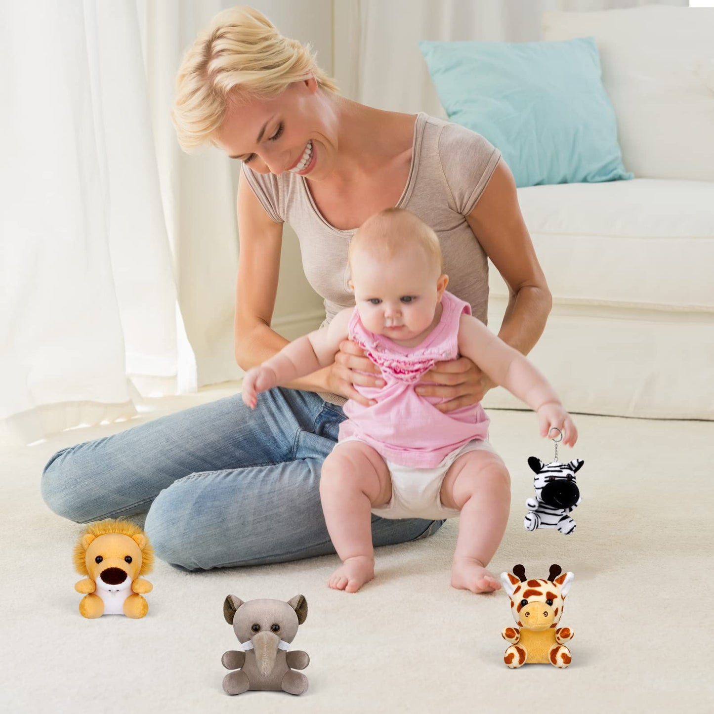 Elcoho 14 Pieces Safari Mini Jungle Animal Plush Toys Small Stuffed Forest Animals Plush Toys 3.75 Inch Keychain Decorations For Animal Themed Parties Goody Bags Filler Favors (Sitting)