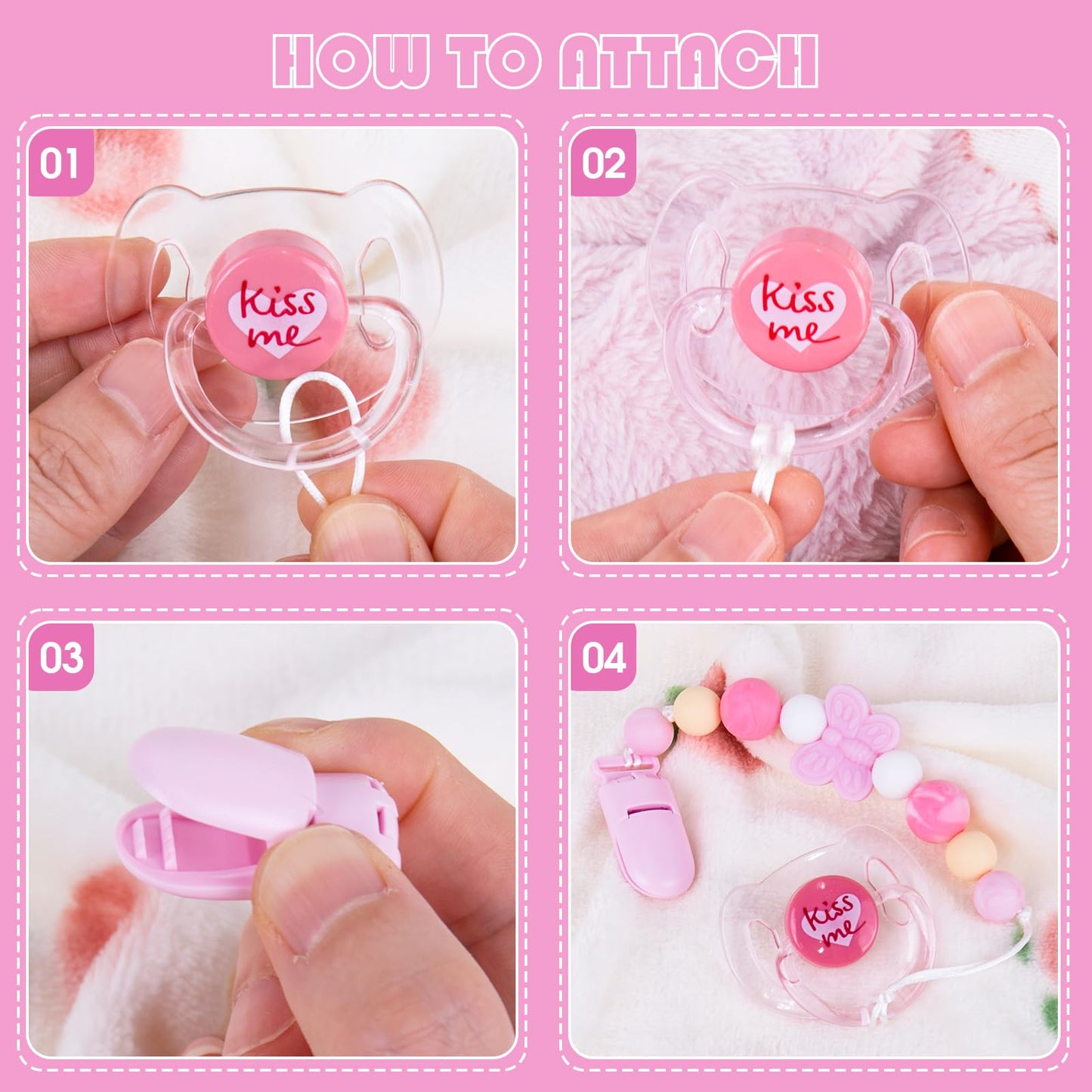 Aori Pacifier Clips For Rebron Baby Dolls Pacifier Holders Silicone Pacifier Clips With Magnetic Pacifier -Pink