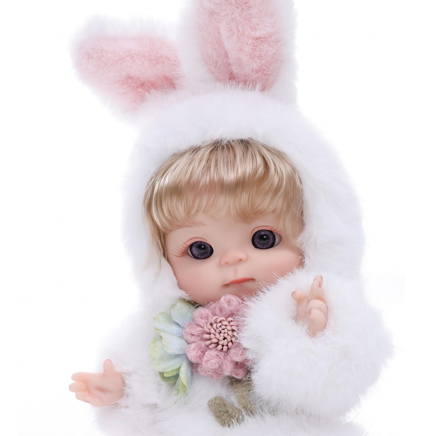 Reborn Baby Doll 10 Inch - Realistic Full Vinyl Bunny Girl With Blonde Hair & Purple Eyes - Soft Collectible Toy Gift For Girls
