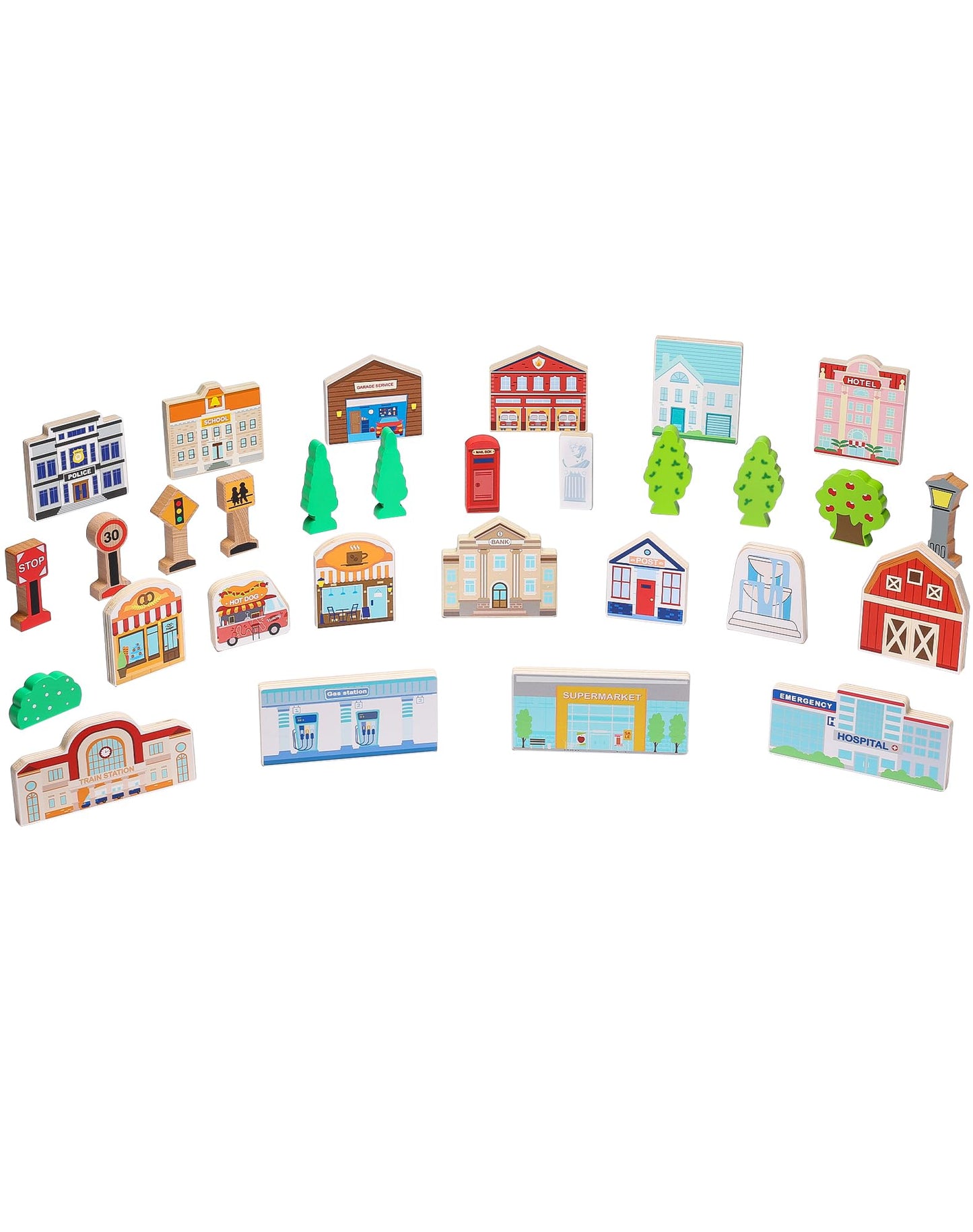SainSmart Jr. 30 Pcs Wooden Town Play Set, Wooden Train Accessories, Community Helpers Toys for Preschool Learning | Includes Bu