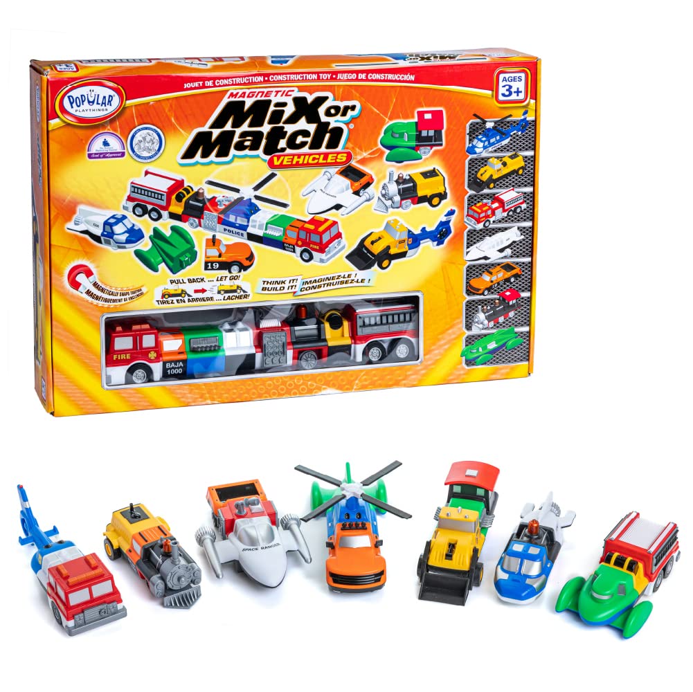 POPULAR PLAYTHINGS Mix or Match Vehicles Magnetic Toy Play Set, 21 Pieces, Multicolor, Standard Size, Fun for Kids