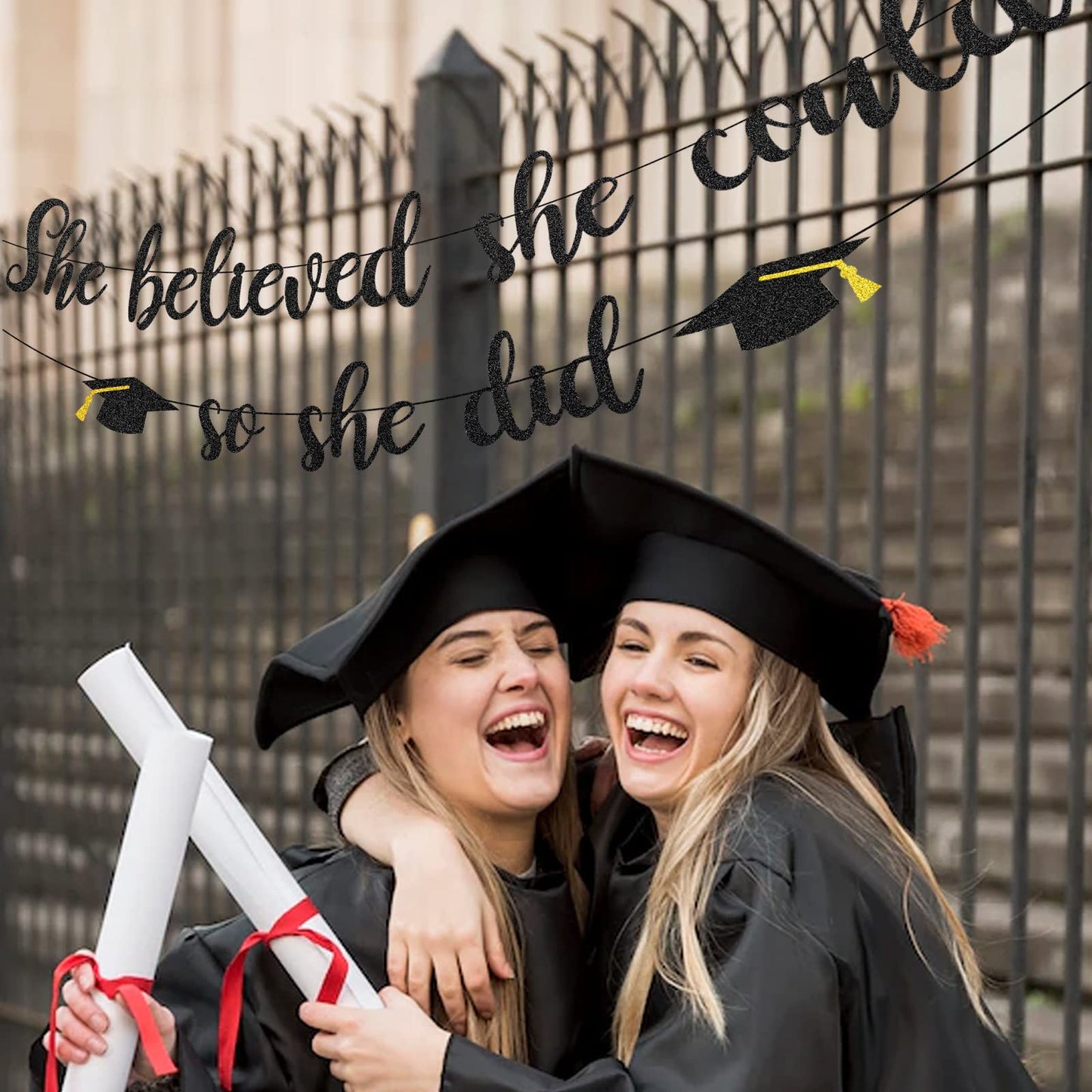 She Believed She Could So She Did Banner Decorations - Black Glitter She Did It 2024 Garland Graduation Bunting Banner, Congrats