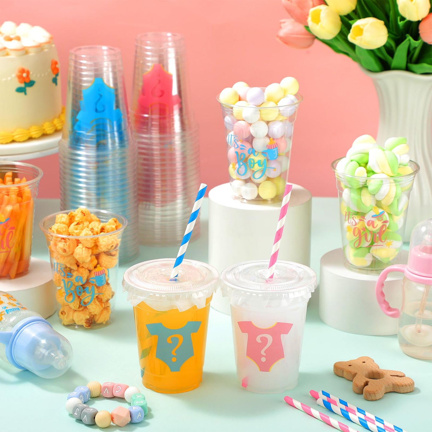 Foldtier 50 Pcs Gender Reveal Party Plastic Cup 12 Oz Gender Reveal Cups Boy Or Girl Thick Clear Cup Lids Straws Gender Reveal P