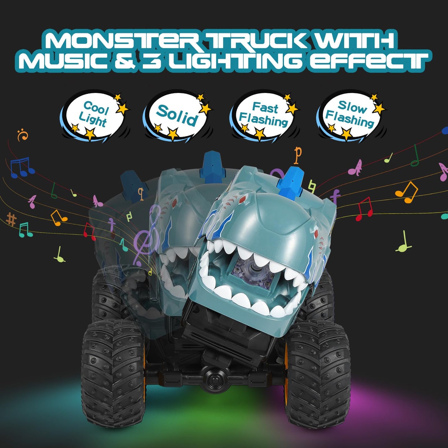 DYODYORC Remote Control Car, 2.4Ghz All Terrain Dinosaur Monster Truck Toys, RC Truck with Spay, Music, 360 Stunt Capable, All I