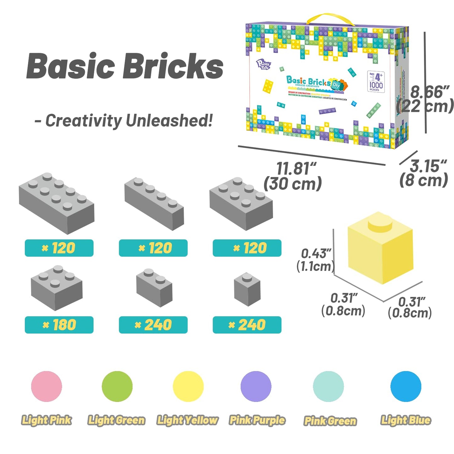 Pairez Toys Classic Building Bricks Playset, 1000 Pieces Bulk Blocks Set, Accessories Compatible With All Major Brands Parts And Pieces, Stem Toys For Kids 4+ Years Old (Pastel)