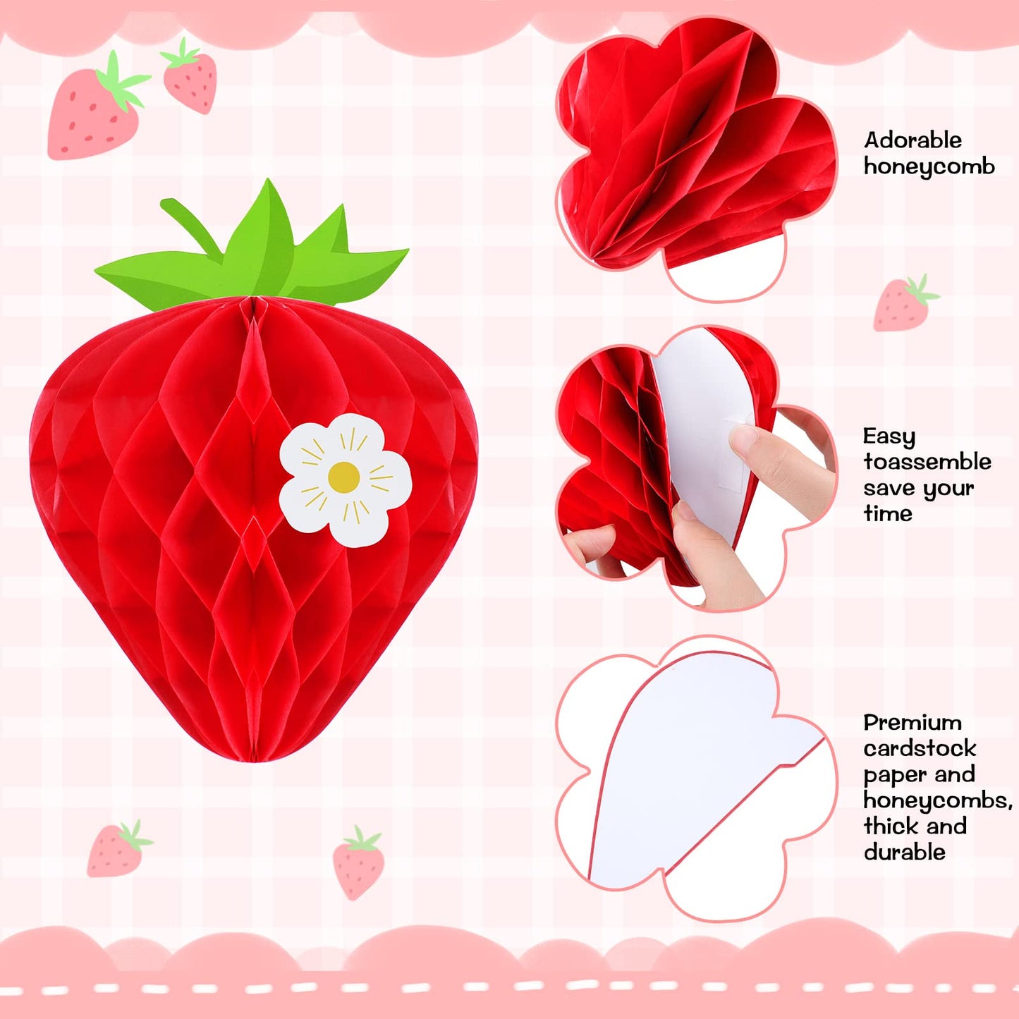 9 Pcs Strawberry Party Decorations Strawberry Honeycomb Balls Birthday Favors Berry Table Centerpieces Tissue Paper Honeycomb Tabletop Hanging Decor Party Supplies