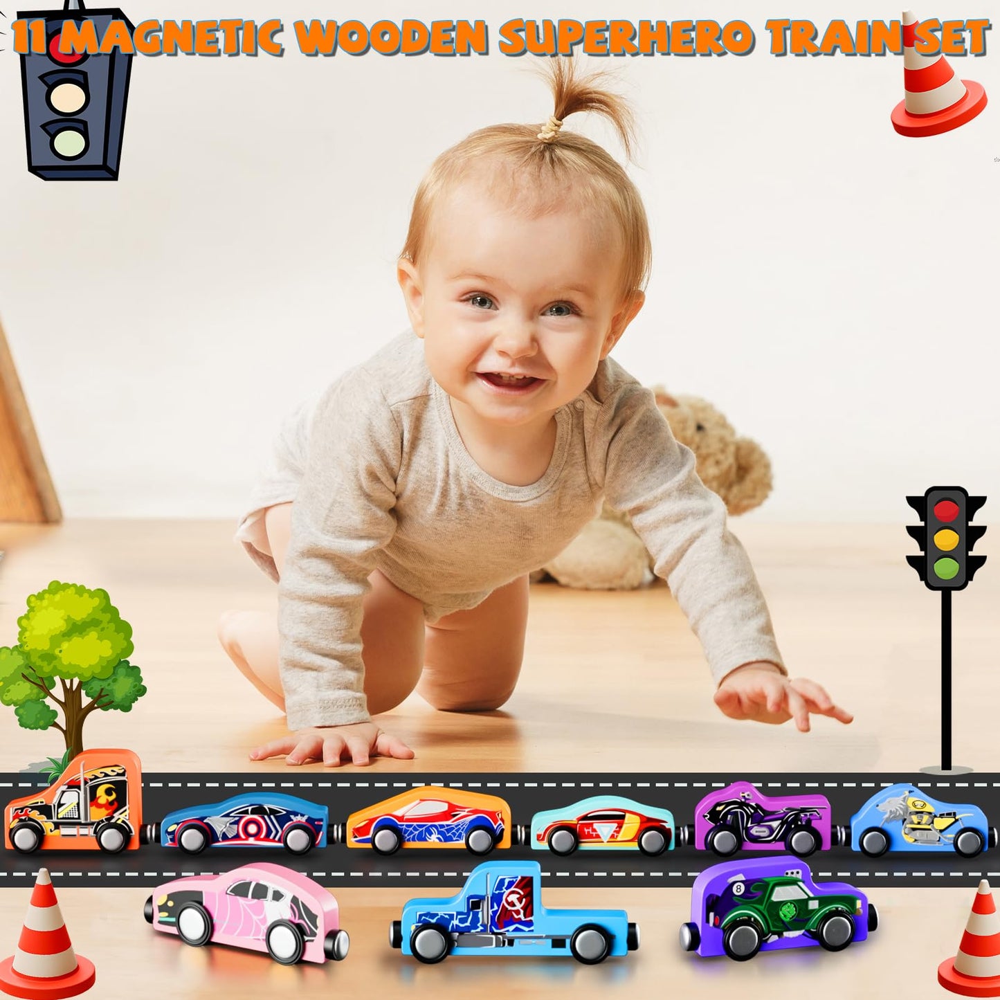 Toddler Boy Toys: 11 Magnetic Train Car Set, Spider Toys For Boys 2 3 4 Wooden Toys For Toddlers Montessori Toys Superhero Toys