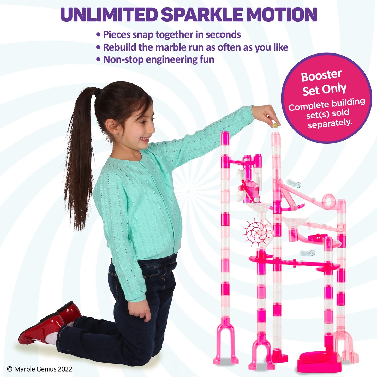 Marble Genius Marble Run Booster Set - 30 Pieces Total (10 Action Pieces Included), Construction Building Blocks Toys For Ages 3 And Above, With Instruction App Access, Add-On Set, Pink Sparkles