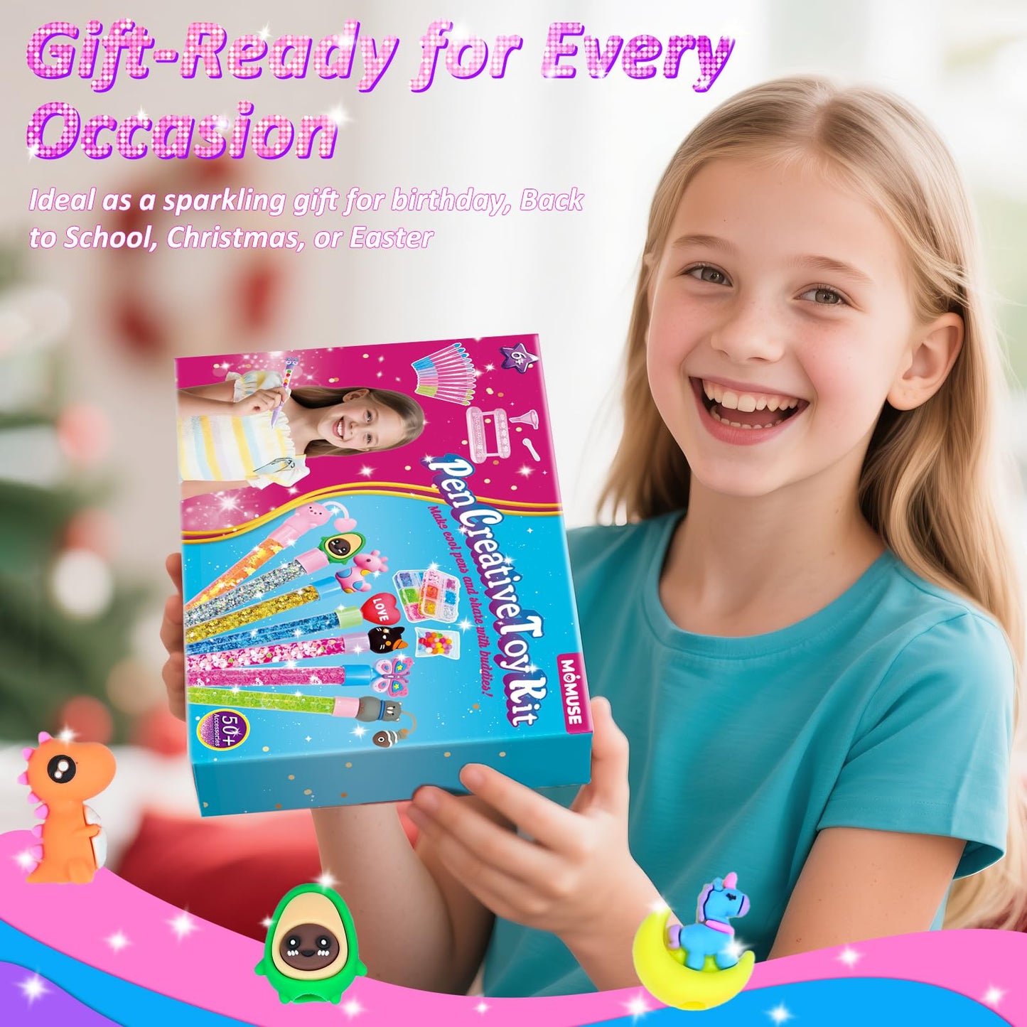 MOMUSE 50 Accessories DIY Pen Making Kit, Fun Pen Creator Studio - Making 12 Sparkly Pens with Sequins Beads, Creative Art Craft