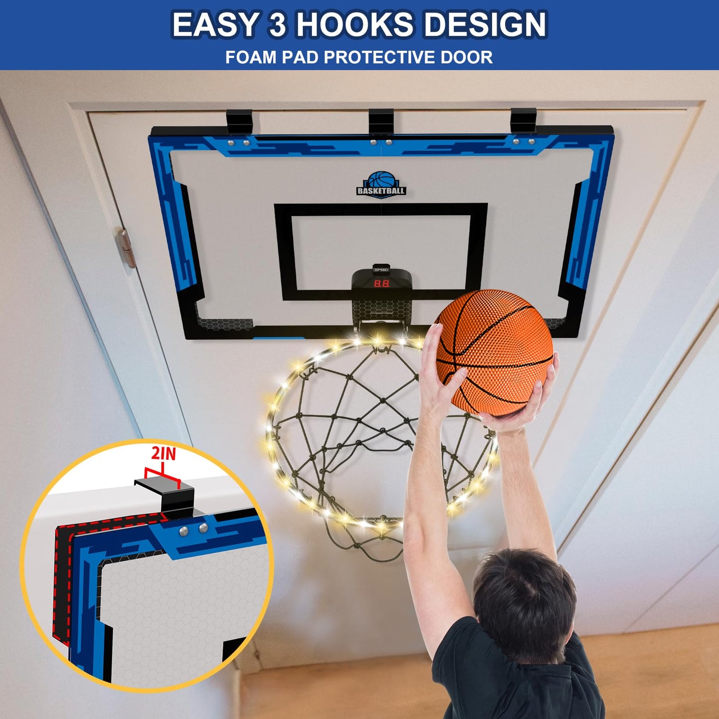 Hyes 24'' X 16'' Large Basketball Hoop Indoor For Adults, Over The Door Basketball Hoop With Electronic Scoreboard/Led Rim, Big