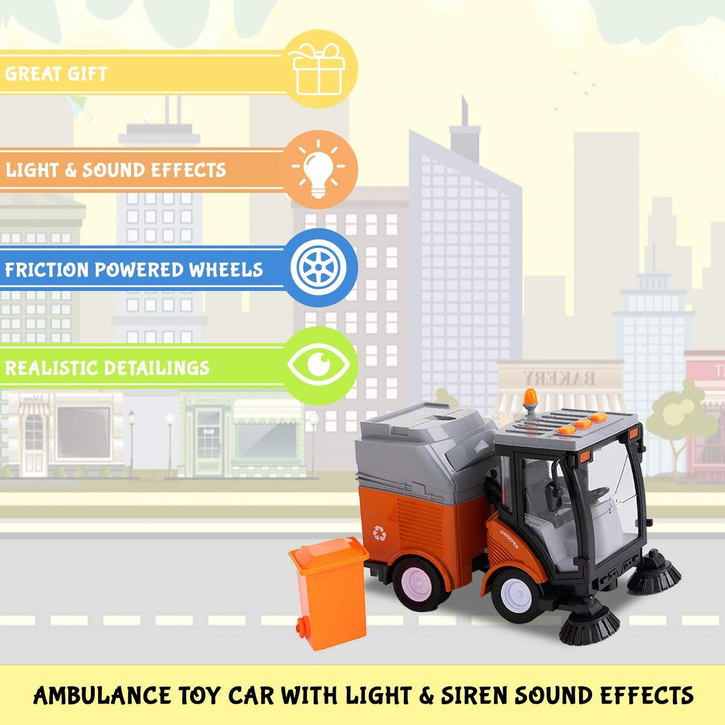 Street Sweeper Truck with Light & Sound Effects - Friction Powered Wheels, Removable Garbage Can & Rotating Brushes - Heavy Duty