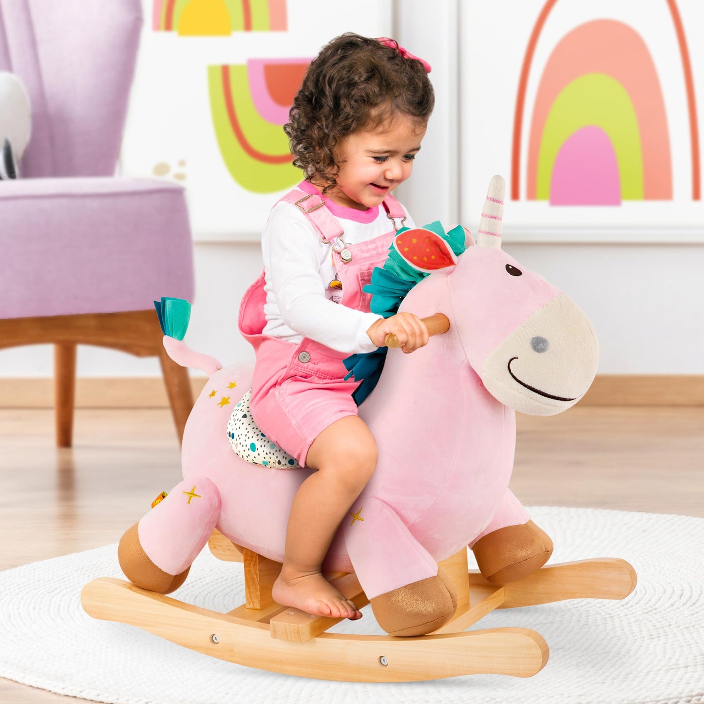 B. toys Unicorn Rocker - Wooden Ride-On Toy for Toddlers, Multi-Color - Classic Rocking Horse for Kids 18 Months + - Rodeo Rocker Cleo