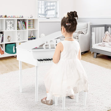 HONEY JOY Classical Kids Piano, 30-Key Mini Grand Piano with Music Stand and Bench, Wooden Musical Instrument Toy w/Lid & Music