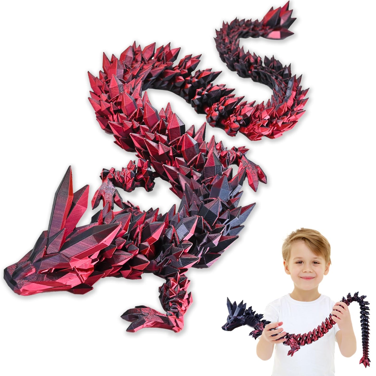 LOCYFENS Large 30'' 3D Printed Dragon, Articulated 3D Dragon Toys, Long Crystal Dragon Black Red