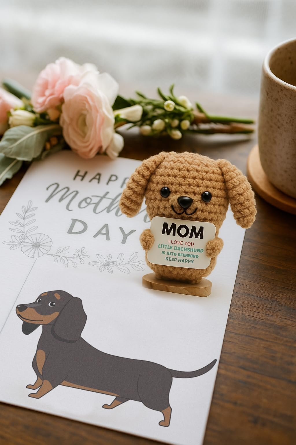 Haliafancy For Mom With Card Decoration, Positive Crochet Animals Dachshund Emotional Support Crochet Doll For Weiner Dog Lovers