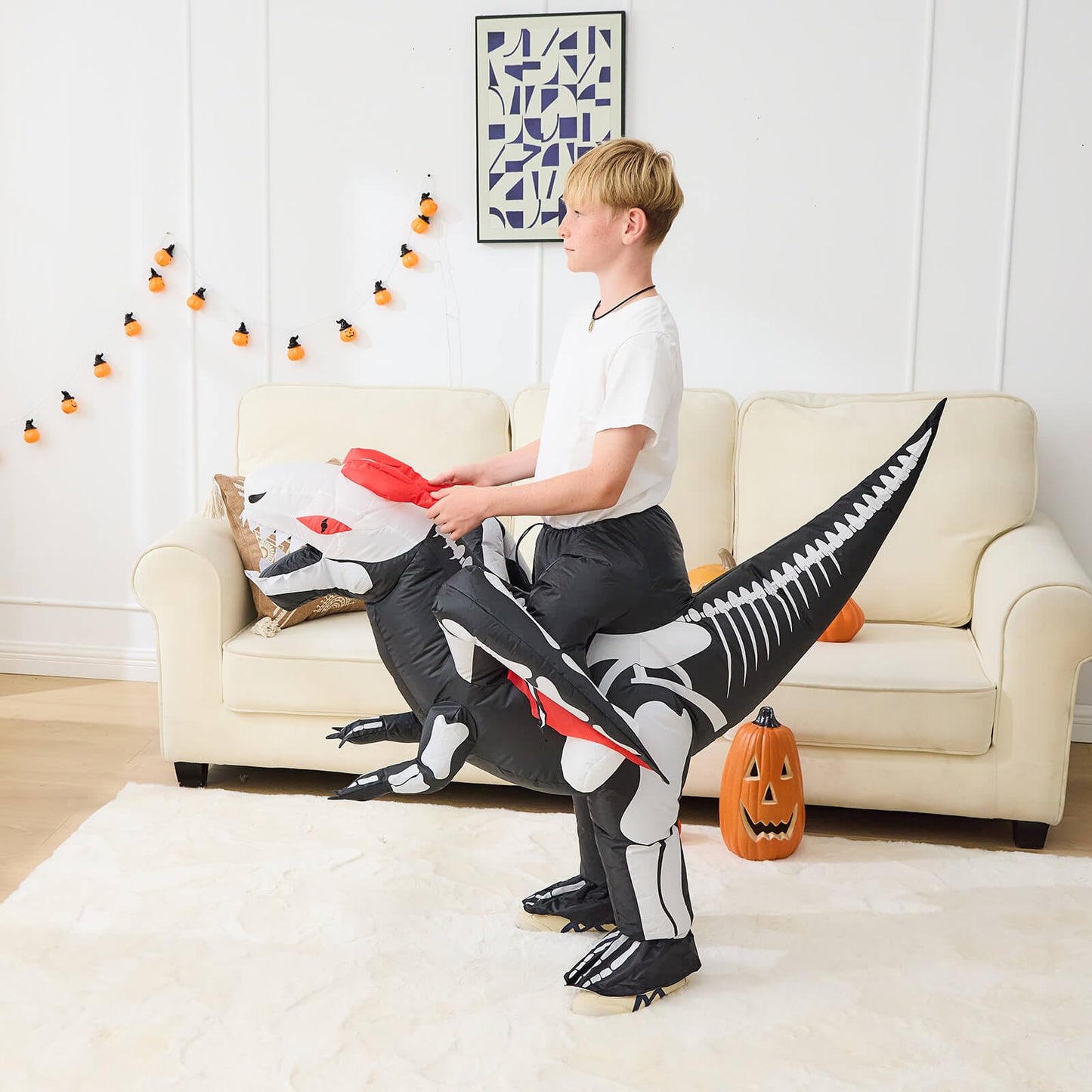 Aiwendish Halloween Skeleton Riding Inflatable Dinosaur Costume For 8 10 12 Kids Dragon Cosplay Blow Up Ride On T-Rex