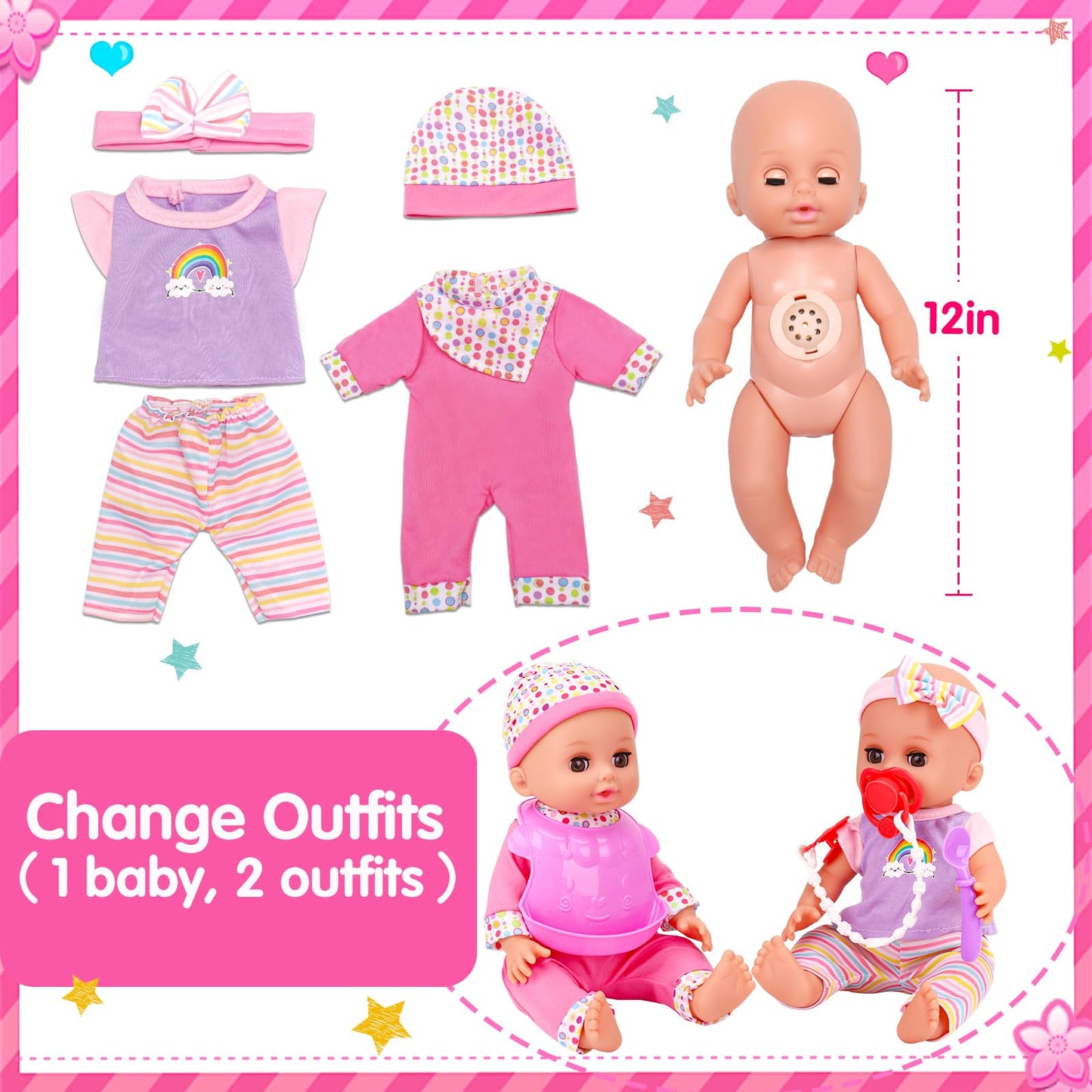 Tsomtto 12” Baby Doll Play Set Carrier Crossbody Baby Doll Diaper Bag Girl Pretend Play Toy Interactive Stuff Baby Doll Accessories For Toddlers 3-5 Realistic Babydoll Toy 2 3 4 5 Year Old Girl Gifts