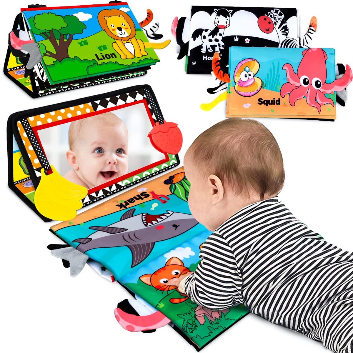Aboosam Baby Toys 0-6 Months - Tummy Time Mirror Toys With Cloth Books & Teethers - Montessori Infant Toys For Babies 0 3 6 9 Months - High Contrast Newborn Sensory Toy For Boys Girls Baby Gift