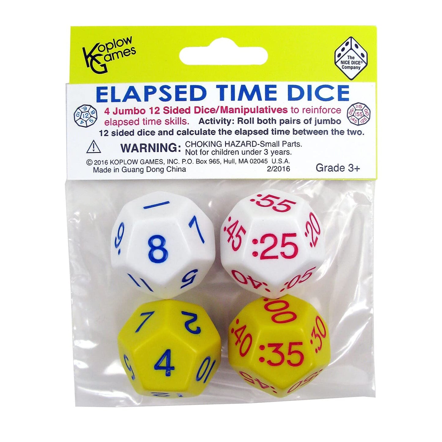 Koplow Elapsed Time Dice, Assorted Colors, 2 Pairs/Pack, 2 Packs (Kop18848-2)