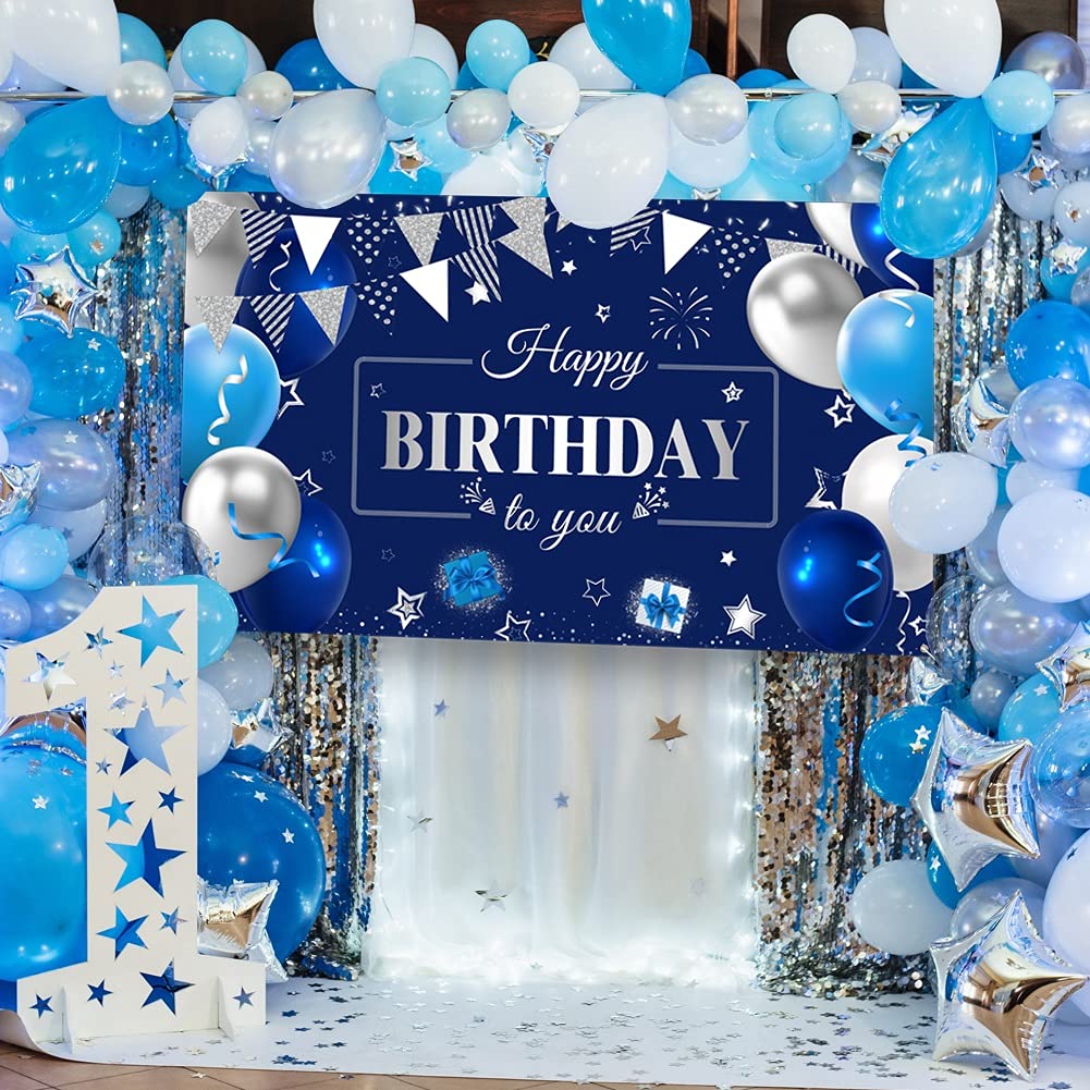 Happy Birthday Banner Large Navy Blue Silver And White Balloons Sign Poster For Children Men Women Birthday Anniversary Party De