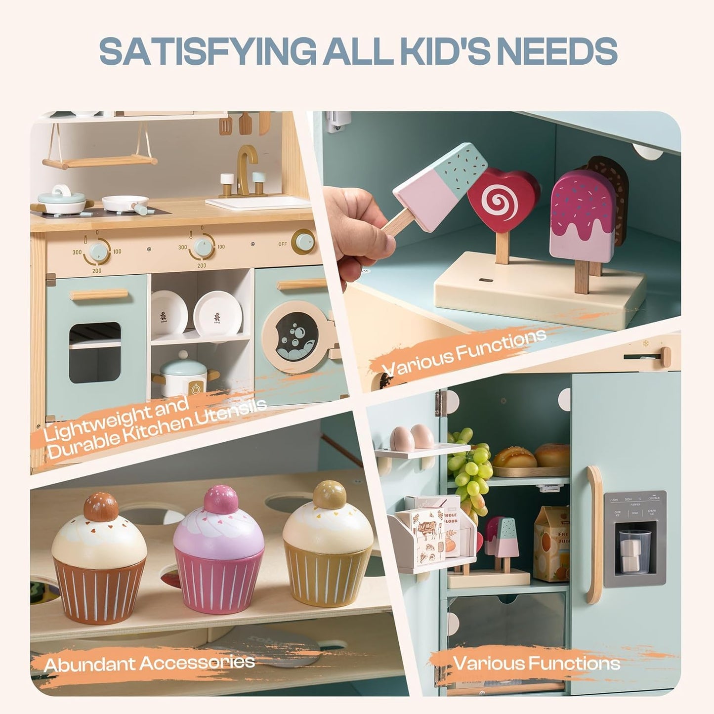 ROBOTIME Wooden Toddler & Kids Kitchen Playset, Wooden Kitchen Toy Playset with Oven, Fridge and Washing Machine, Wooden Kitchen
