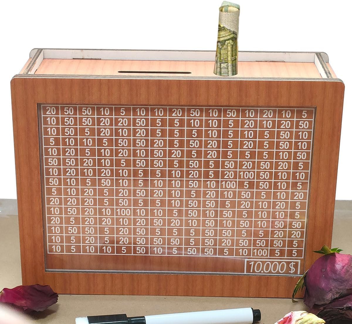 2025 New Wooden Money Saving Challenge Box, 2Pcs Cash Vault Wooden Savings Box,Adults Money Box With Counter For Savings Goal $10000 Best Gift For Friends(Brown + Black)