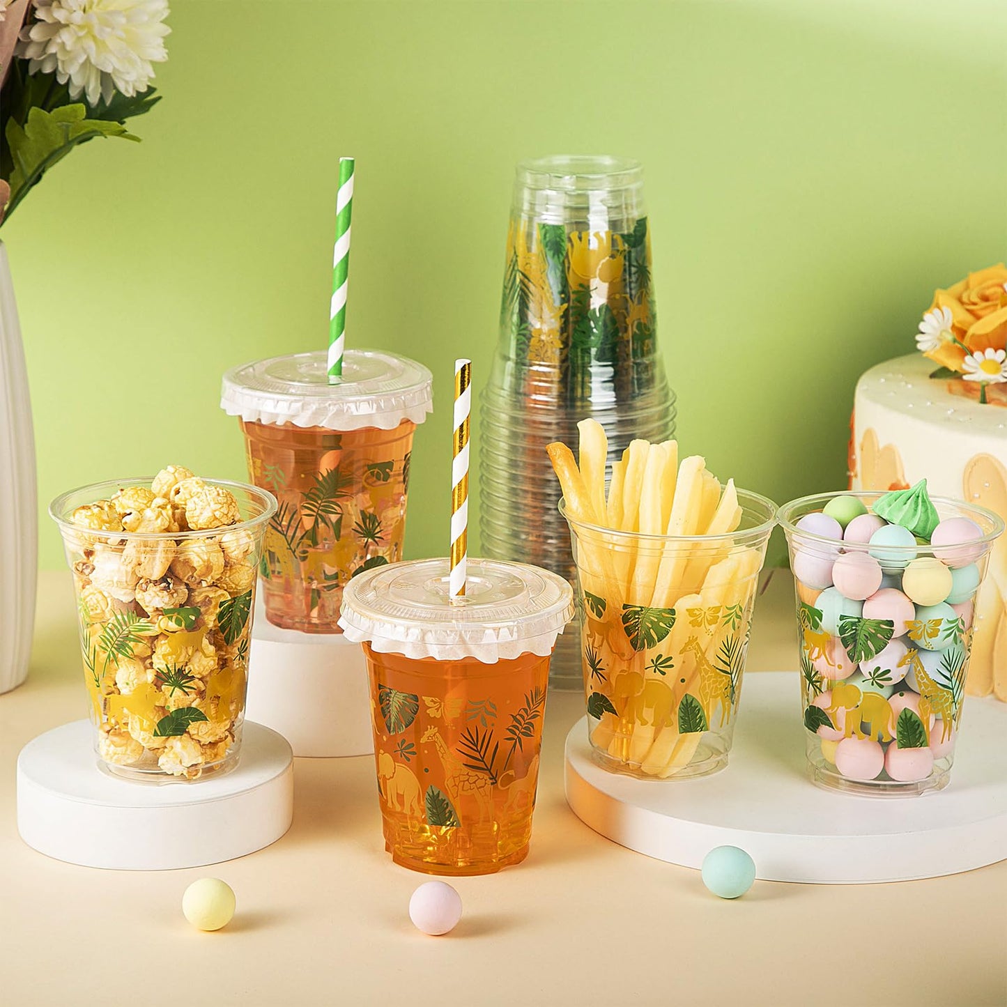 Foldtier 50 Pcs Jungle Safari Animals Cups Disposable Plastic Cup 12 Oz Golden Green Cups Thick Wild Theme Clear Cups Lids Straw