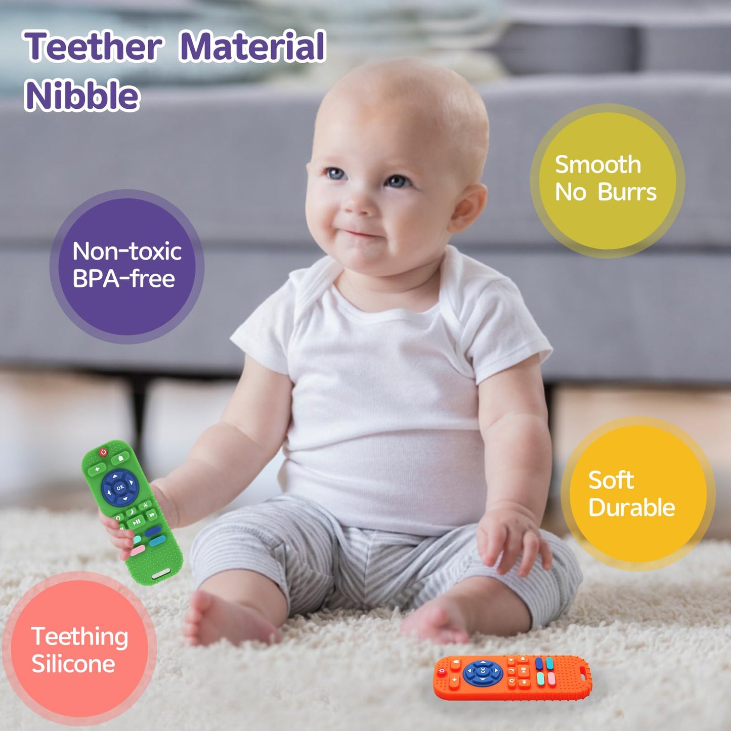 Hooku 2 Pack Silicone Teethers For Babies 0-6 Months, Teething Toys For Babies 6-12 Months, Baby Remote Control Toy, Infant Toys